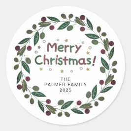 Bloemen Kerst Krans Familienaam Classic Ronde Sticker