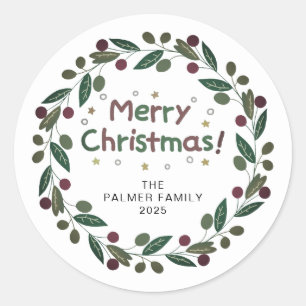 Bloemen Kerst Krans Familienaam Classic Ronde Sticker