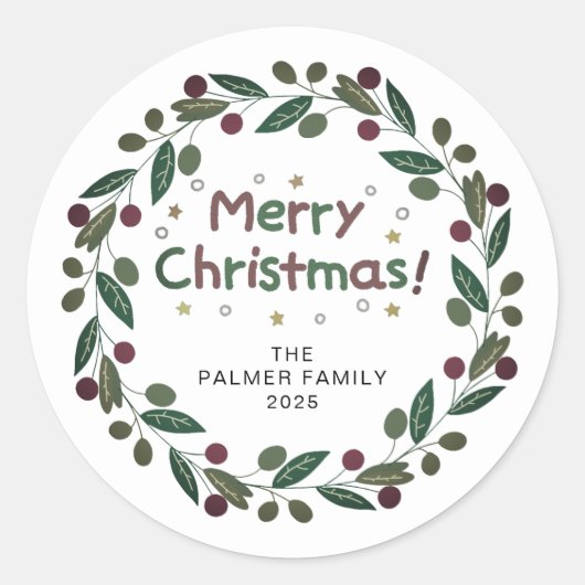 Bloemen Kerst Krans Familienaam Classic Ronde Sticker (Voorkant)