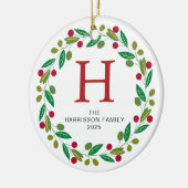 Bloemen Kerst Krans Monogrammed Familie Foto Keramisch Ornament (Links)