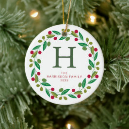 Bloemen Kerst Krans Monogrammed Familie Foto Keramisch Ornament