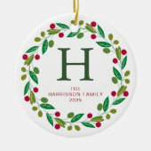 Bloemen Kerst Krans Monogrammed Familie Foto Keramisch Ornament (Voorkant)