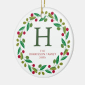 Bloemen Kerst Krans Monogrammed Familie Foto Keramisch Ornament (Links)