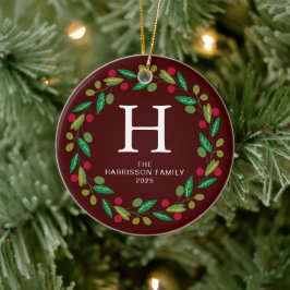 Bloemen Kerst Krans Monogrammed Familie Foto Keramisch Ornament