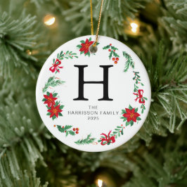 Bloemen Kerst Krans Monogrammed Familie Foto Keramisch Ornament