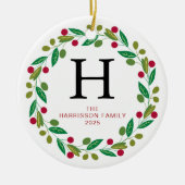 Bloemen Kerst Krans Monogrammed Familie Foto Keramisch Ornament (Voorkant)