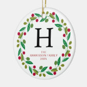 Bloemen Kerst Krans Monogrammed Familie Foto Keramisch Ornament (Links)