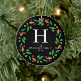 Bloemen Kerst Krans Monogrammed Familie Foto Keramisch Ornament