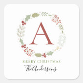 Bloemen Kerst Krans Monogrammed Familienaam Vierkante Sticker (Voorkant)