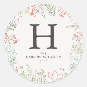 Bloemen Kerstkrans Familie Monogrammed Naam Ronde Sticker