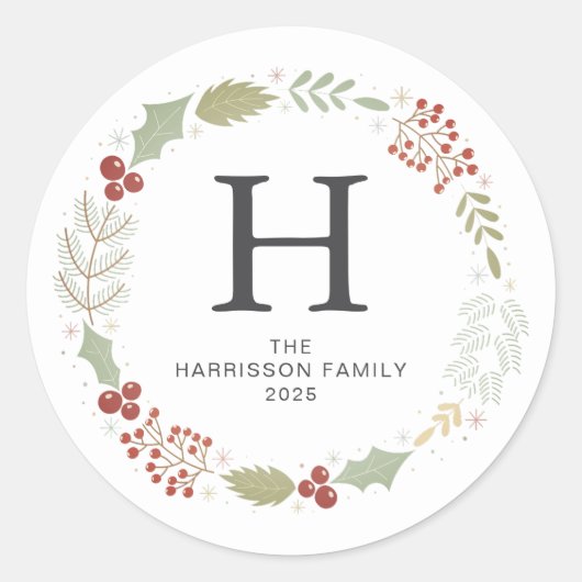 Bloemen Kerstkrans Familie Monogrammed Naam Ronde Sticker (Voorkant)