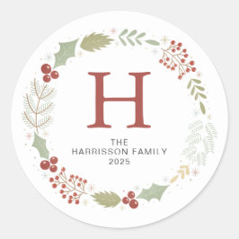 Bloemen Kerstkrans Familie Monogrammed Naam Ronde Sticker