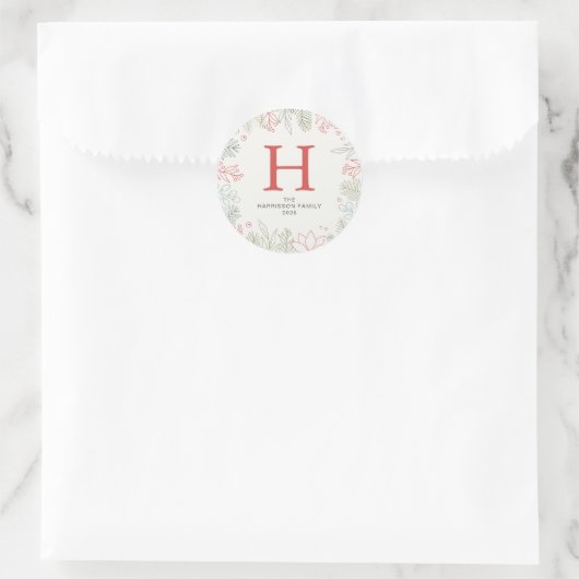 Bloemen Kerstkrans Familie Monogrammed Naam Ronde Sticker (Tas)