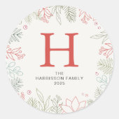Bloemen Kerstkrans Familie Monogrammed Naam Ronde Sticker (Voorkant)
