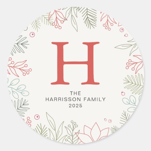 Bloemen Kerstkrans Familie Monogrammed Naam Ronde Sticker (Voorkant)