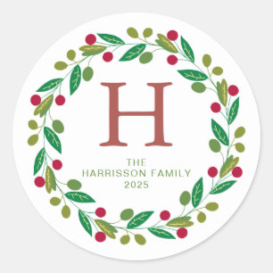 Bloemen Kerstkrans Familie Monogrammed Naam Ronde Sticker
