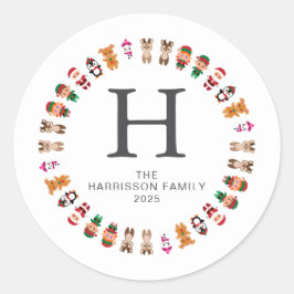 Bloemen Kerstkrans Familie Monogrammed Naam Ronde Sticker