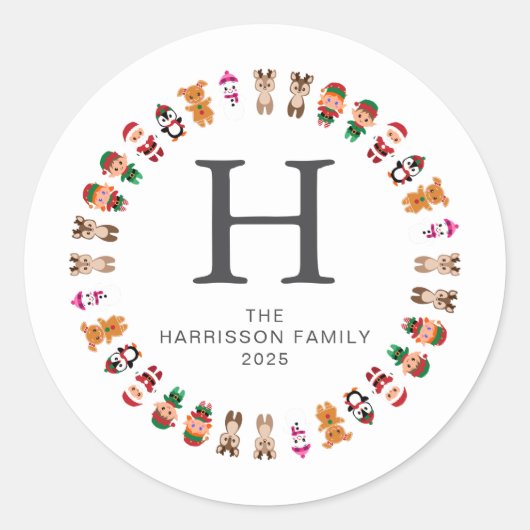 Bloemen Kerstkrans Familie Monogrammed Naam Ronde Sticker (Voorkant)
