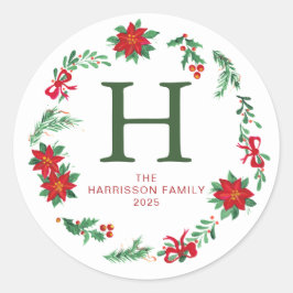 Bloemen Kerstkrans Familie Monogrammed Naam Ronde Sticker