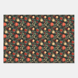Bloemen Kerstmis Chique Patroon Rood Groen Goud Inpakpapier Vel