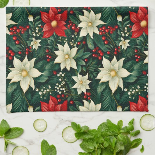 Bloemen kerstpatroon theedoek (Gevouwen)