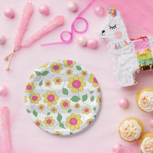Bloemen kinder roze gele lentedjes papieren bordje (Feest)