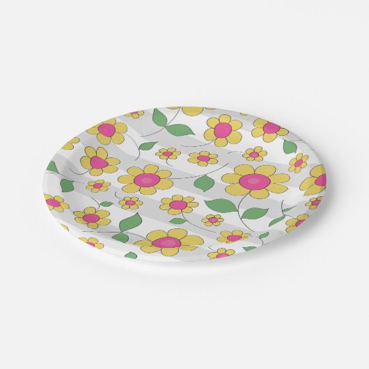 Bloemen kinder roze gele lentedjes papieren bordje (Gekanteld)