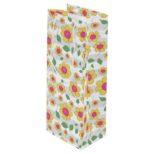 Bloemen kinder roze gele lentedjes wijn cadeautas (Voorkant Gekanteld)