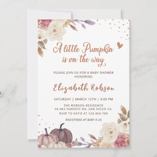 Bloemen Kleine Pompoen Herfst Baby shower Uitnodig Kaart (Voorkant)