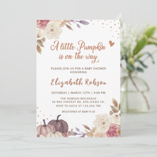 Bloemen Kleine Pompoen Herfst Baby shower Uitnodig Kaart (Staand voorkant)