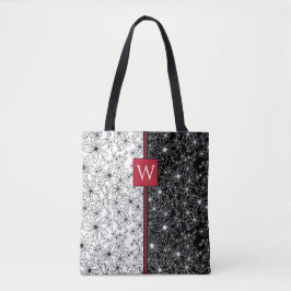 Bloemen Kleur Blok Patroon Zwart Wit & Monogram Tote Bag
