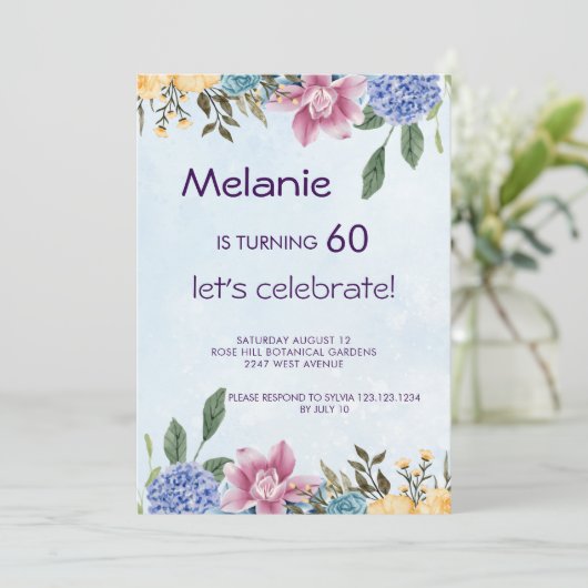 Bloemen kleurrijke bloei 60e verjaardag uitnodigin kaart (Staand voorkant)
