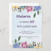 Bloemen kleurrijke bloei 60e verjaardag uitnodigin kaart (Voorkant / Achterkant)