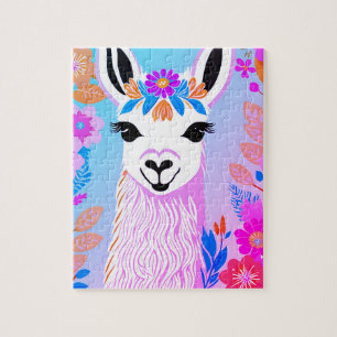 Bloemen Kleurrijke Retro Llama Jigsaw Puzzel