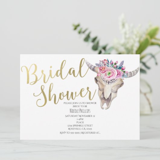 Bloemen Koe schedel gouden bruids doucheuitnodigin Kaart (Staand voorkant)