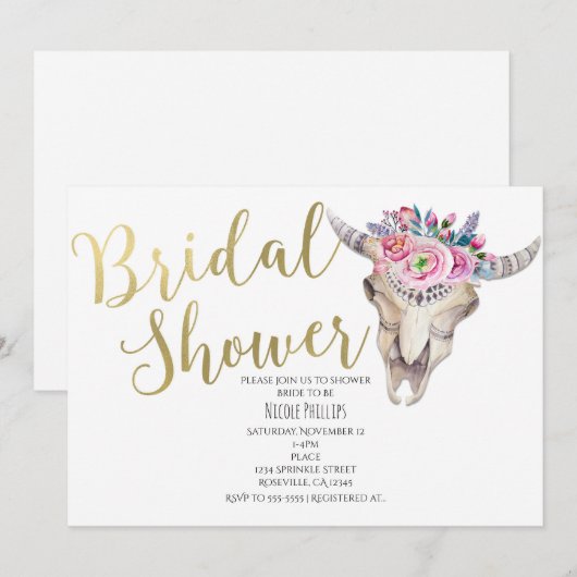 Bloemen Koe schedel gouden bruids doucheuitnodigin Kaart (Voorkant / Achterkant)
