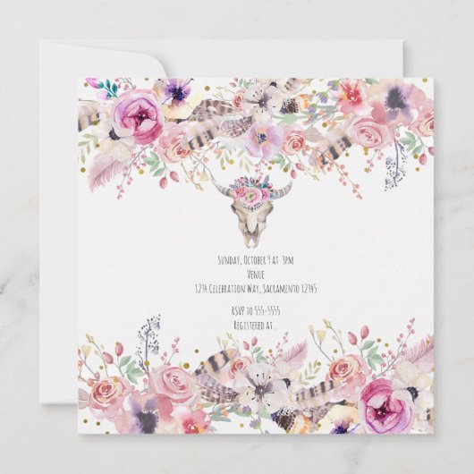 Bloemen & Koe Schedel Rustiek Country Glam Uitnodi Kaart (Achterkant)