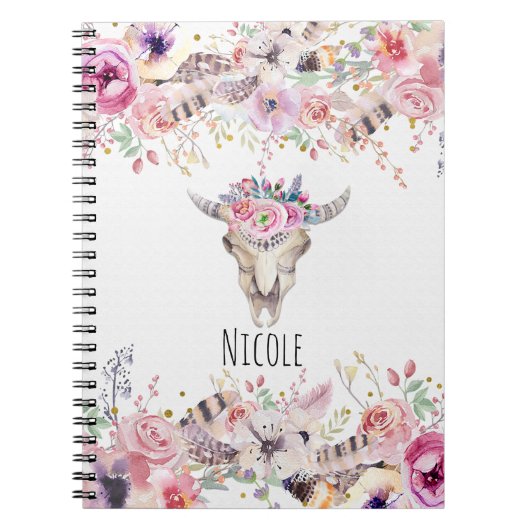 Bloemen & Koe Schedel Rustiek Land Glam Boho Chic Notitieboek (Voorkant)