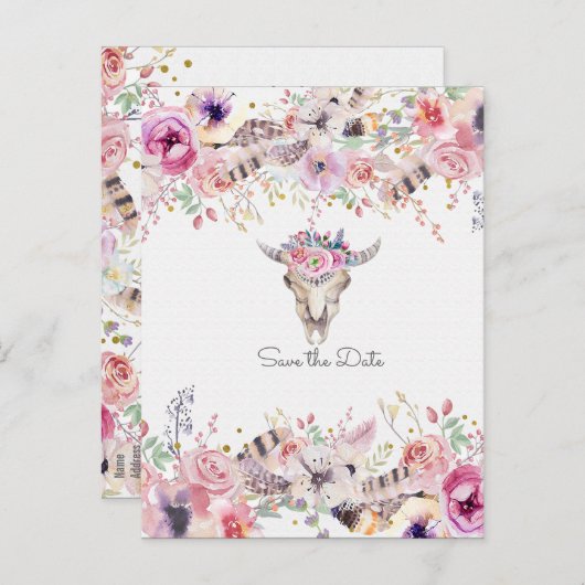 Bloemen & Koeien Schedel Landelijke Rustieke Save  Aankondigingskaart (Voorkant / Achterkant)