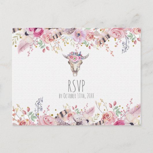 Bloemen & Koeien schedel Rustieke Landelijke Boho  Uitnodiging Briefkaart (Voorkant)
