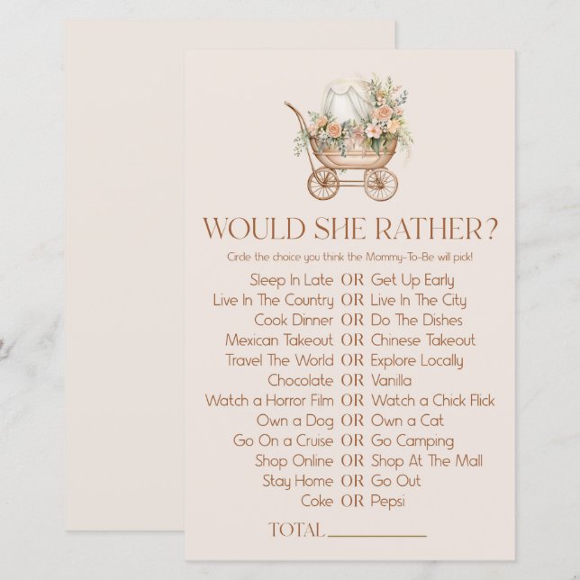 Bloemen koets wil ze liever Baby shower spel (Voorkant / Achterkant)