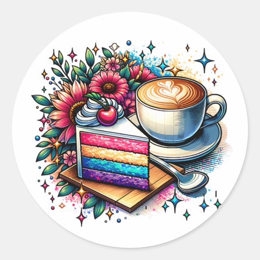 Bloemen, koffie en regenboogtaart ronde sticker (Voorkant)