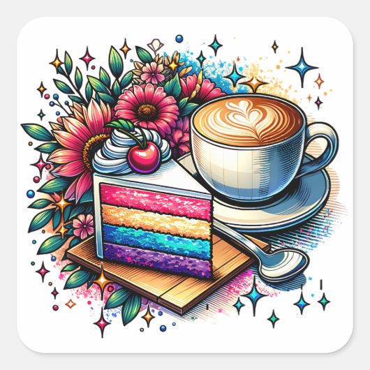 Bloemen, koffie en regenboogtaart vierkante sticker (Voorkant)