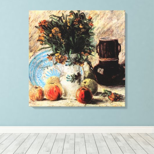 Bloemen, koffiepot en fruit door Vincent van Gogh Canvas Afdruk (Insitu (Houten vloer))