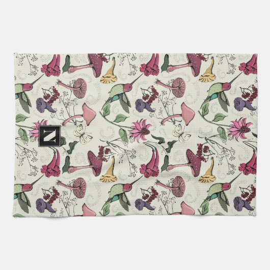 Bloemen Kolibrie Tuin Patroon Geel Theedoek (Horizontaal)