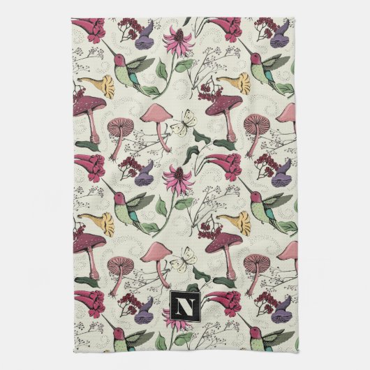 Bloemen Kolibrie Tuin Patroon Geel Theedoek (Verticaal)