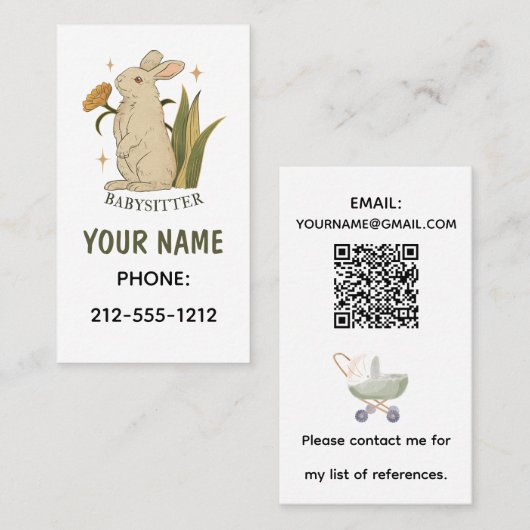  Bloemen Konijn Babysitter QR Code Visitekaartje (Voorkant / Achterkant)
