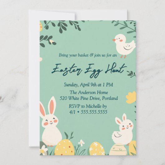 Bloemen konijnen en eieren groene paaseieren jacht kaart (Voorkant)