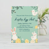 Bloemen konijnen en eieren groene paaseieren jacht kaart (Staand voorkant)