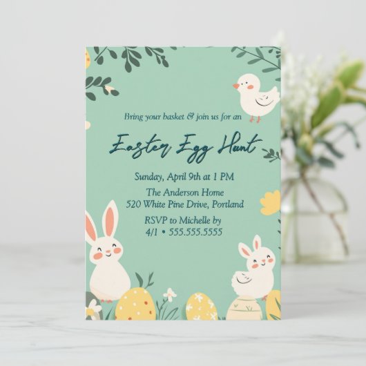 Bloemen konijnen en eieren groene paaseieren jacht kaart (Staand voorkant)